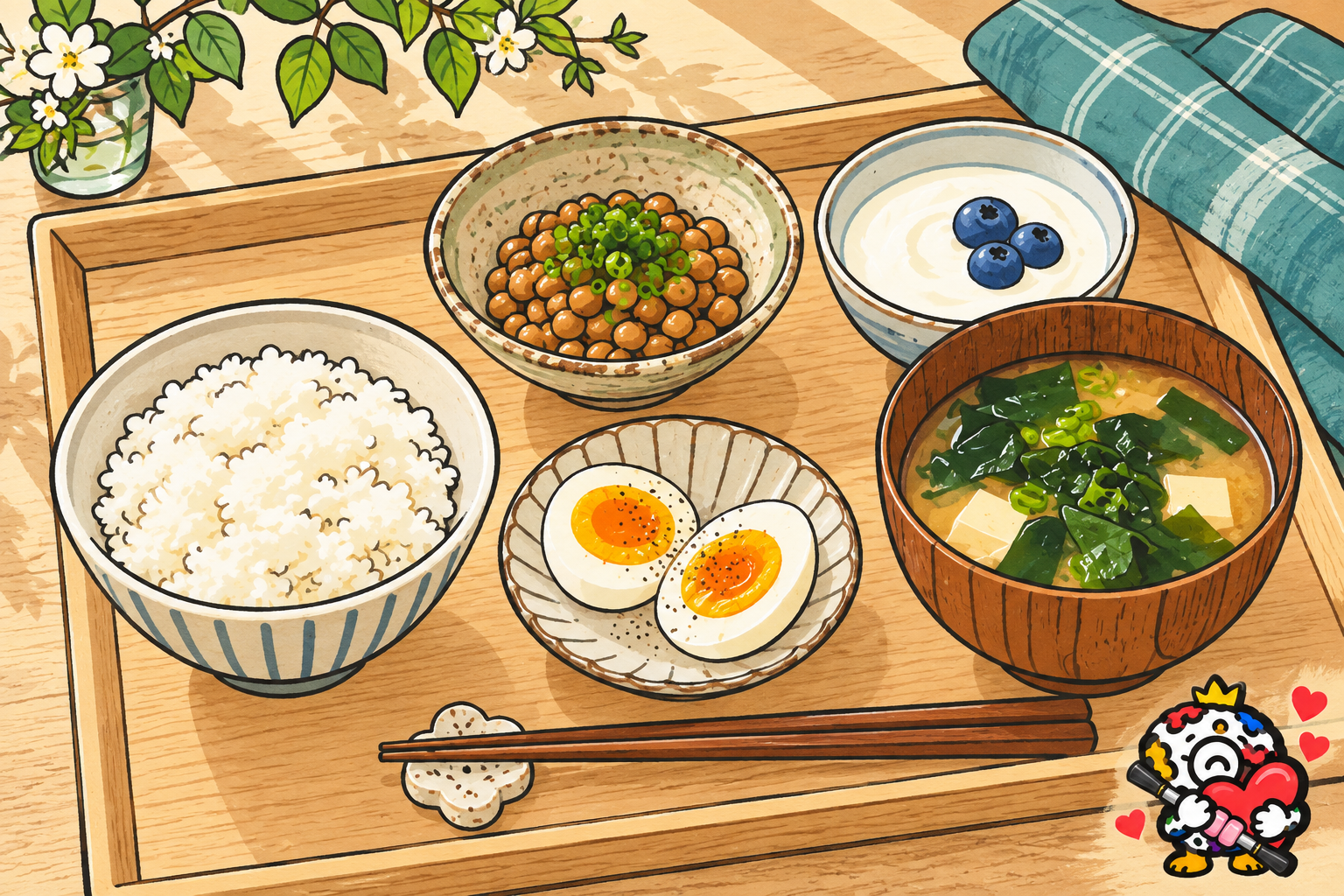 Nコロと、ご飯・納豆・卵・ヨーグルト・味噌汁を組み合わせた朝食のイラスト