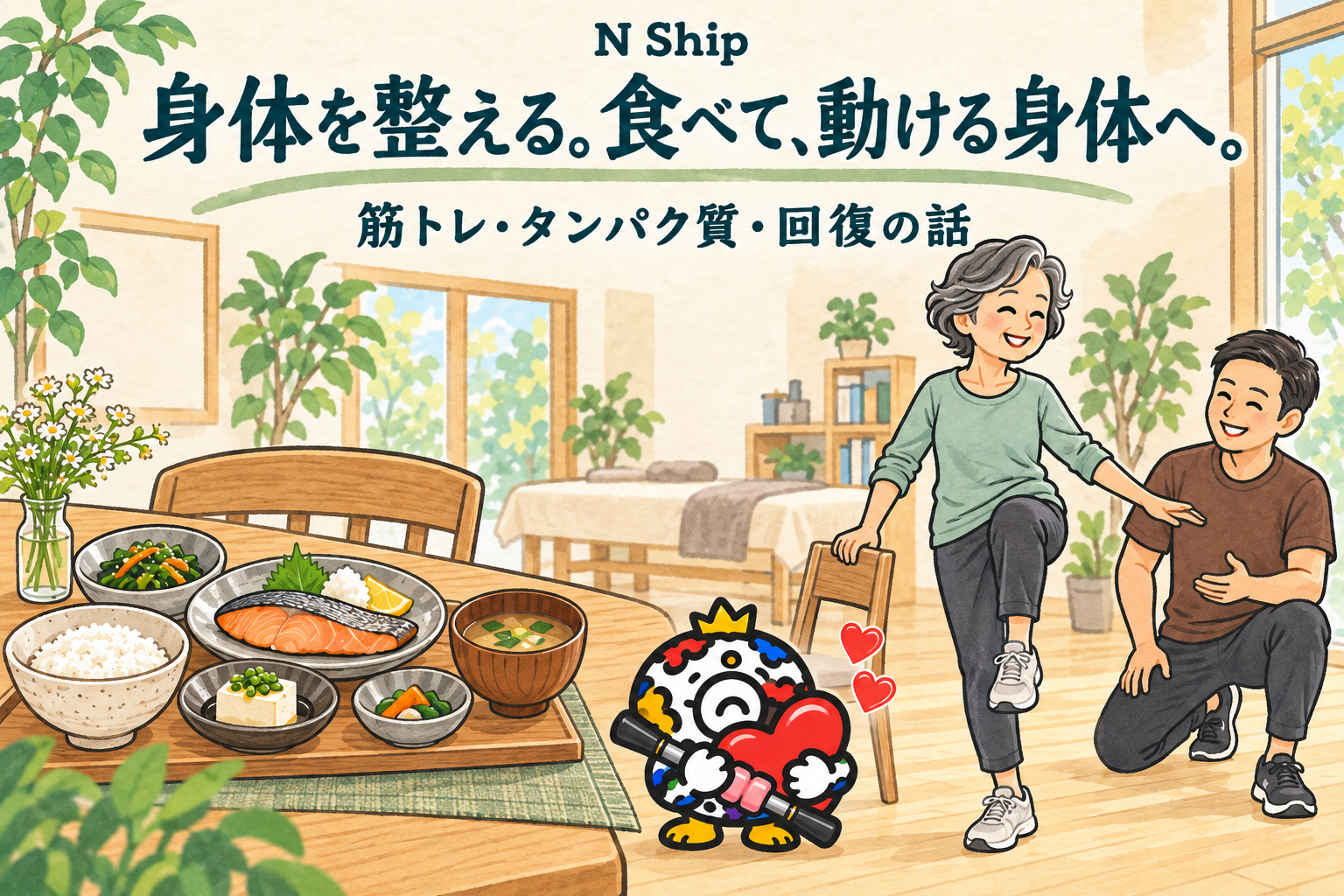 Nコロと中川、食事とやさしい運動を描いたN Shipの身体づくりのイラスト
