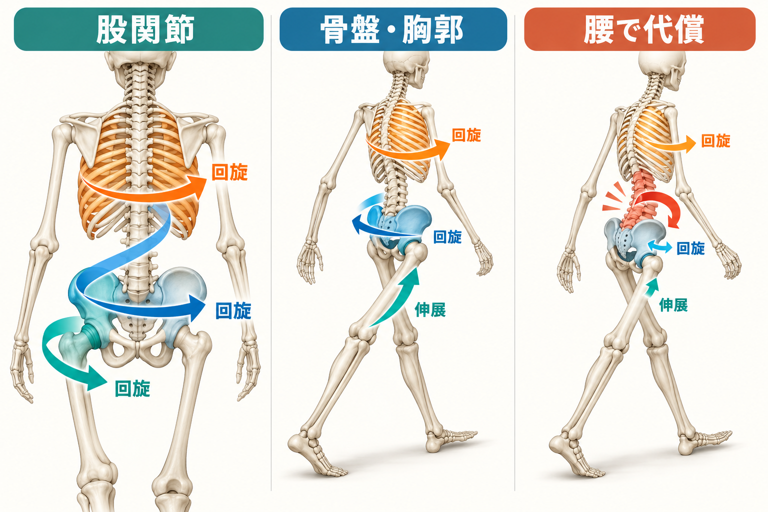 股関節から骨盤・胸郭へ伝わる回旋と、腰椎で代償する可能性を示した図