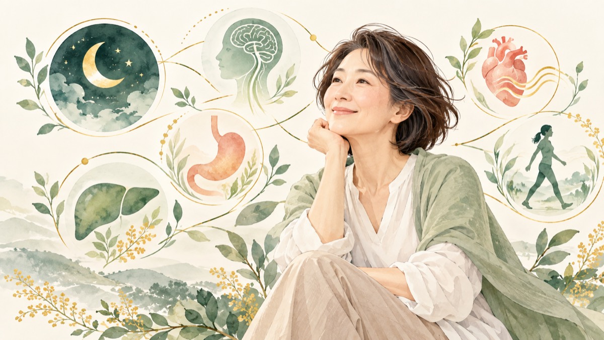 更年期の女性と、睡眠・自律神経・胃腸・肝臓・歩くことのつながりを表したイラスト