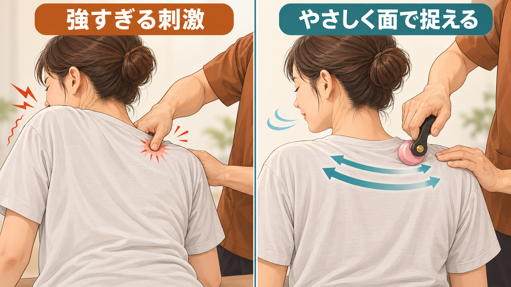 強すぎる一点刺激と、専用ローラーでやさしく面を捉える施術の比較イラスト